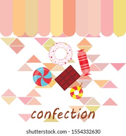 Different sweets colorful background. Lollipops, chocolate bar, candies, donut, vector background.