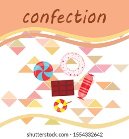 Different sweets colorful background. Lollipops, chocolate bar, candies, donut, vector background.