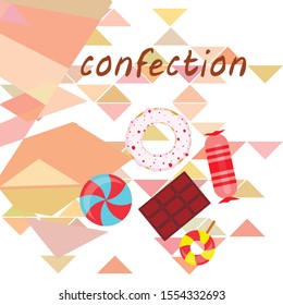 Different sweets colorful background. Lollipops, chocolate bar, candies, donut, vector background.
