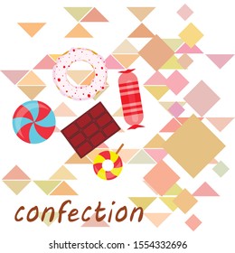 Different sweets colorful background. Lollipops, chocolate bar, candies, donut, vector background.