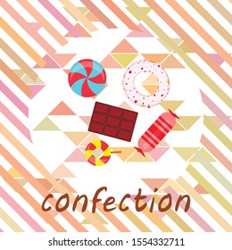 Different sweets colorful background. Lollipops, chocolate bar, candies, donut, vector background.