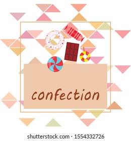 Different sweets colorful background. Lollipops, chocolate bar, candies, donut, vector background.