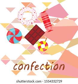 Different sweets colorful background. Lollipops, chocolate bar, candies, donut, vector background.