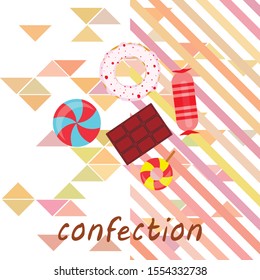 Different sweets colorful background. Lollipops, chocolate bar, candies, donut, vector background.