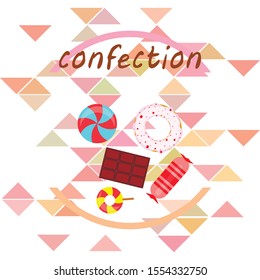 Different sweets colorful background. Lollipops, chocolate bar, candies, donut, vector background.