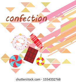 Different sweets colorful background. Lollipops, chocolate bar, candies, donut, vector background.