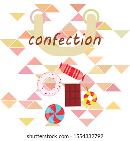 Different sweets colorful background. Lollipops, chocolate bar, candies, donut, vector background.