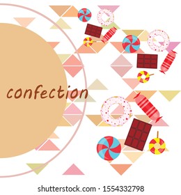 Different sweets colorful background. Lollipops, chocolate bar, candies, donut, vector background.