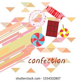 Different sweets colorful background. Lollipops, chocolate bar, candies, donut, vector background.