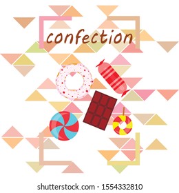 Different sweets colorful background. Lollipops, chocolate bar, candies, donut, vector background.