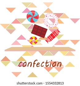 Different sweets colorful background. Lollipops, chocolate bar, candies, donut, vector background.