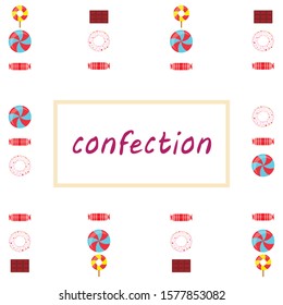 Different sweets colorful background. Lollipops, chocolate bar, candies, donut, vector background