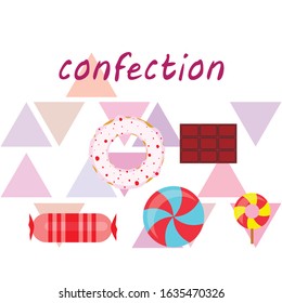 Different sweets colorful background. Lollipops, chocolate bar, candies, donut, vector background.
