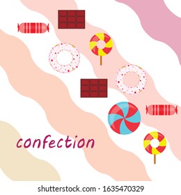 Different sweets colorful background. Lollipops, chocolate bar, candies, donut, vector background.
