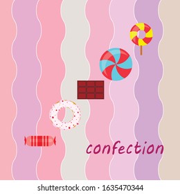 Different sweets colorful background. Lollipops, chocolate bar, candies, donut, vector background.