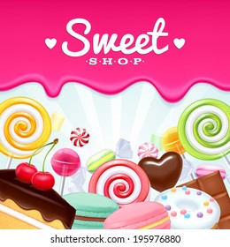 Different sweets colorful background. Lollipops, cake, macarons, chocolate bar, candies and donut on shine background.
