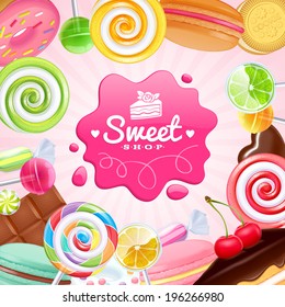 Different sweets colorful background. Lollipops, cake, macarons, chocolate bar, candies and donut on shine background.