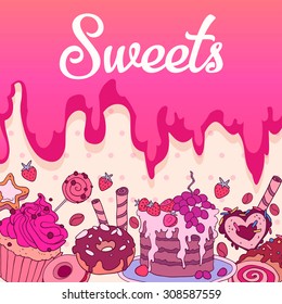 Different sweets colorful background. Lollipops, cake, macarons, chocolate bar, candies and donut on shine background.