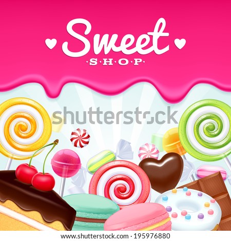 Different sweets colorful background. Lollipops, cake, macarons, chocolate bar, candies and donut on shine background.