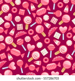 Different sweets icons - marshmallow gummy bear hard candy dragee jelly bean peppermint candy donut ice cream macaron cake cupcake lollipop. Vector illustration. Seamless background.