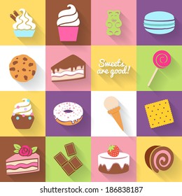 Different sweets icons set in flat style.