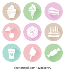Different sweets icons set in flat style.