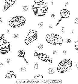 different sweets on a white background (cupcakes, ice cream, candy, cake, donuts)