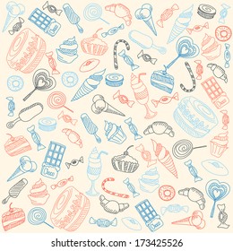 a lot of different sweets on a white background. vector graphics