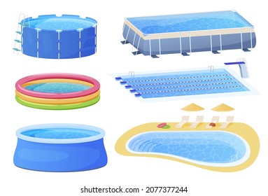 Different swimming pools types set vector flat cartoon illustration. Collection inflatable, sport olympic, home leisure, beach resort pool isolated. Outdoor sunbathing refreshing fun pastime in water