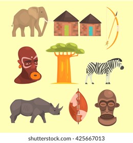Different Symbols Of Africa Set Flat Simple Relistic Design Vector Illustrations