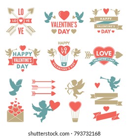 Different symbols and labels for day of st valentine. Love heart to valentine day, vector illustration
