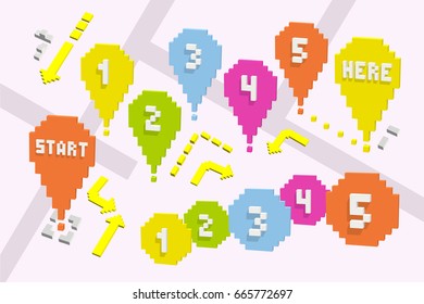 Different symbols for orientation on the map. 3D pointers, marker,indicator and numbers of different colors. Start, here, 1,2,3,4,5. Vector