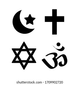 Different Symbols Of Religion. Islamic, Christian, Jewish And Hindu Religion.
