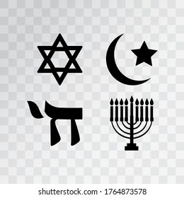 Different symbols of religion. Solid icons.