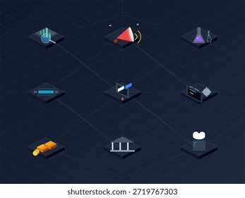 Verschiedene Symbole zeigen Technologie- und Wissenschaftsdisziplinen. Jedes Symbol stellt ein eindeutiges Thema dar. Sie sind in einem Gitter mit Verbindungen zwischen ihnen angeordnet.