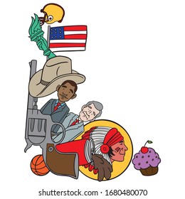 different symbols that represent the USA. cowboy, revolver, flag, patriotism.