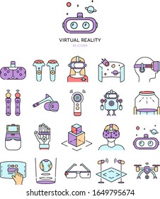 Different symbols of virtual reality. Electronic and computer technology of future. Vector icons set in cartoon style virtual, reality device, electronic gadget equipment for game illustration. 