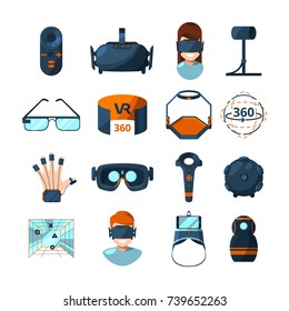 Different symbols of virtual reality. Electronic and computer technology of future. Vector icons set in cartoon style virtual, reality device, electronic gadget equipment for game illustration