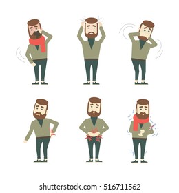 Different symptoms set. Isolated cartoon man showing symptoms of desease or flu. Headache, dizziness, nausea.