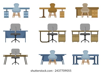 different table and chair sets with a minimalist style. Each set features a unique combination of tables and chairs with different designs and colors, covering a variety of styles and functions.