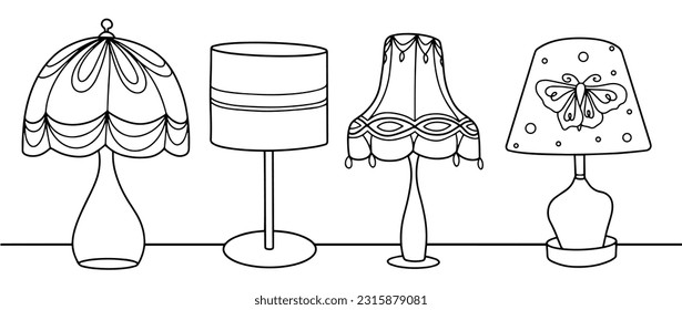 Lámparas de mesa con pantallas. Libro de Colores para adultos y niños. Un dibujo de línea para diferentes usos. Ilustración vectorial.