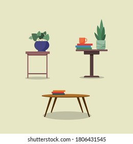 Different tables with home plants, books, cup. Flat cartoon style vector illustration.