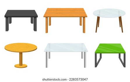 Different tables set isolated on white background. Tables furniture of wood, glass, metal and plastic for room or interior. Coffee tables vector illustration