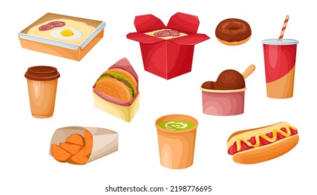 Unterschiedliche Video-Vektorgrafiken mit Übernahme. Cartoon-Zeichnungen von mitgenommenen Lunchkästen oder Mahlzeiten, Kaffeetassen, Burger oder Sandwich einzeln auf weißem Hintergrund. Fast- oder Mitnahmekonzept
