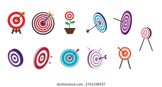Different Targets Collection Vector Set, Goal Achievement Concepts, Business Aims Strategy Icons, Bullseye Target Symbols, Marketing Objectives Illustration, Success Focus Vision Graphics Pack