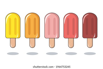 Different tastes and colors of ice cream Vector design elements Isolated on white İce cream with wooden Delicious and cute   Strawberries, Mulberries, Cherries, Lemon, Pineapple or orange popsicles  .