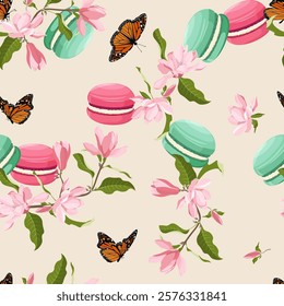 Different tastes and colors macaroons, flowers magnolia and butterflies on a beige background. Seamless vector illustration. For decoration textile, packaging.