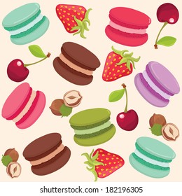 Different tastes and colors macaroons and fruits pattern. Vector illustration background.