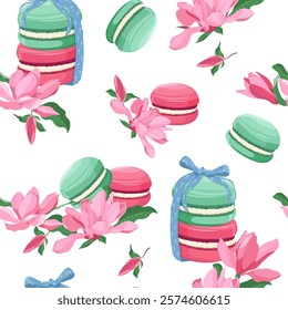 Different tastes and colors macaroons tied with a bow and flowers magnolia on a white background. Seamless vector illustration.