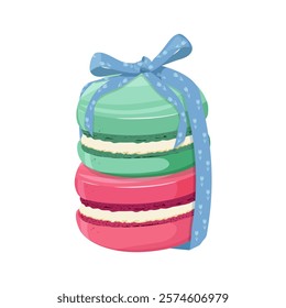 Different tastes and colors macaroons tied with a bow on an isolated background. Vector illustration.